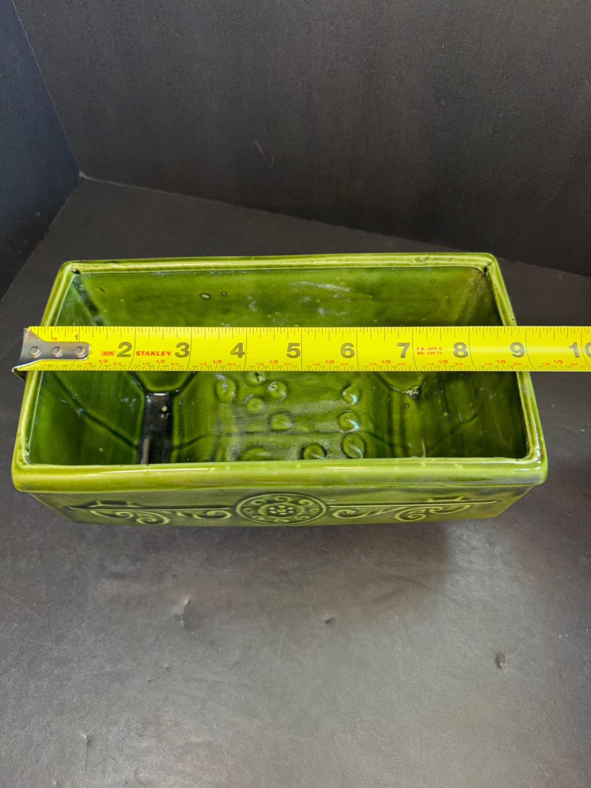 Vintage Green Ceramic Planter Mid Century Scroll Design Footed Plant Pot 9”