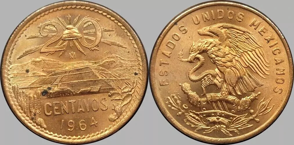 1964-Mo MEXICO 20 CENTAVOS BU UNC DETAILED COIN