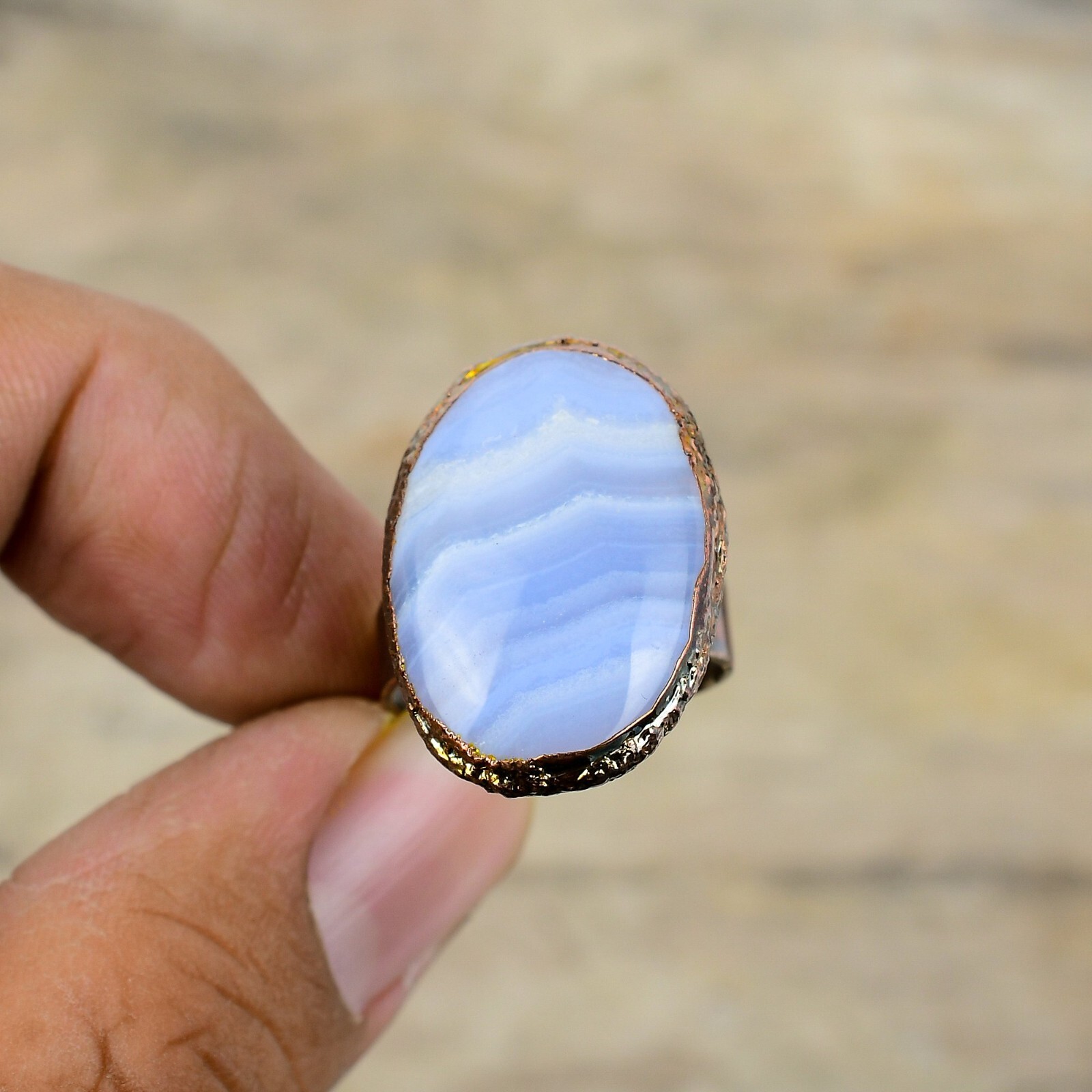Blue Lace Agate Copper Mum Gift Electroformed Adjustable Ring Size Adjustable