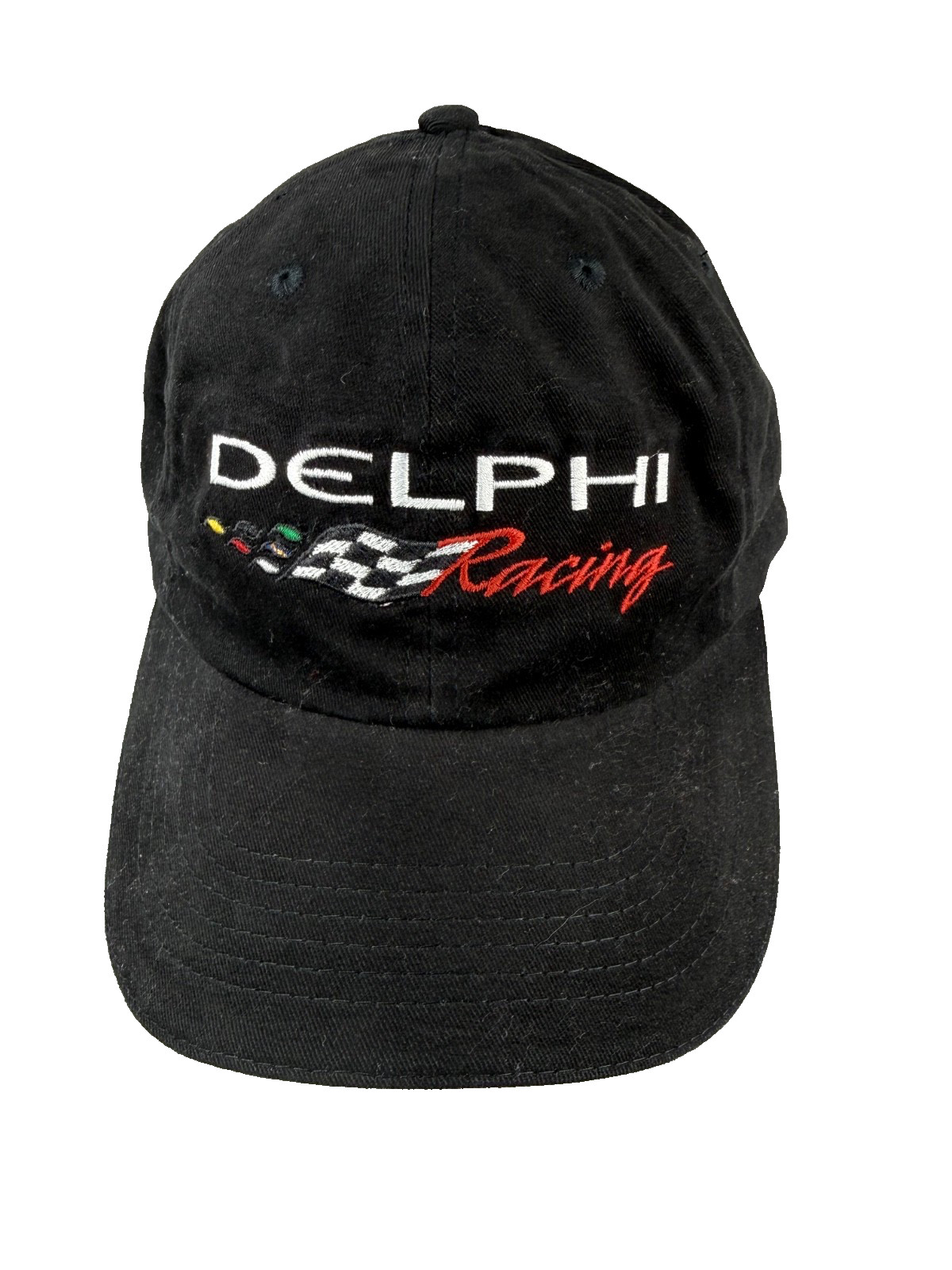Delphi Racing w Red White on Black hat Cap Brushed Cotton Strap Buckle