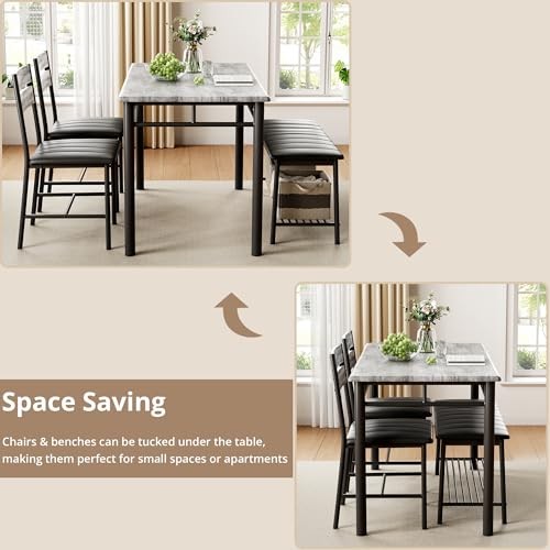 Dining Table Set for 4, Kitchen Table with Upholstered Bench and 2 Grey