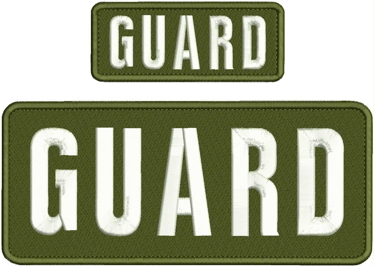 GUARD EMBROIDERY PATCHES 4X10 AND 2X5 HOOK ON BACK  WHITE ON OD GREEN