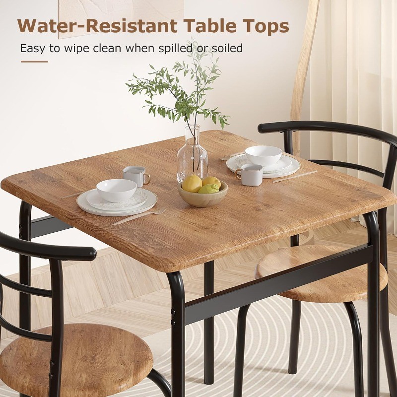 3 Piece Dining Table & Chairs Set for 2, Metal and Wooden Square Kitchen