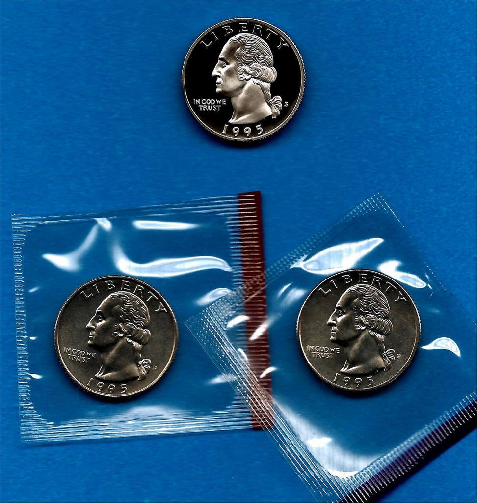 1995 P  D and S- BU and PROOF Washington Quarters -PD in Mint Set Cellos