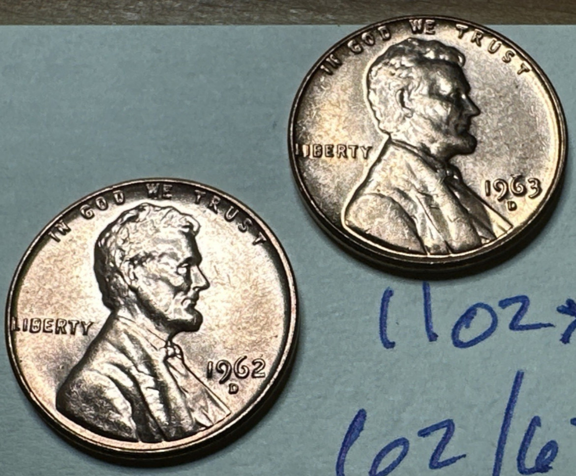 1962, 1963 D Lincoln Memorial Penny 1 Cents Copper Coin United States US 1102X