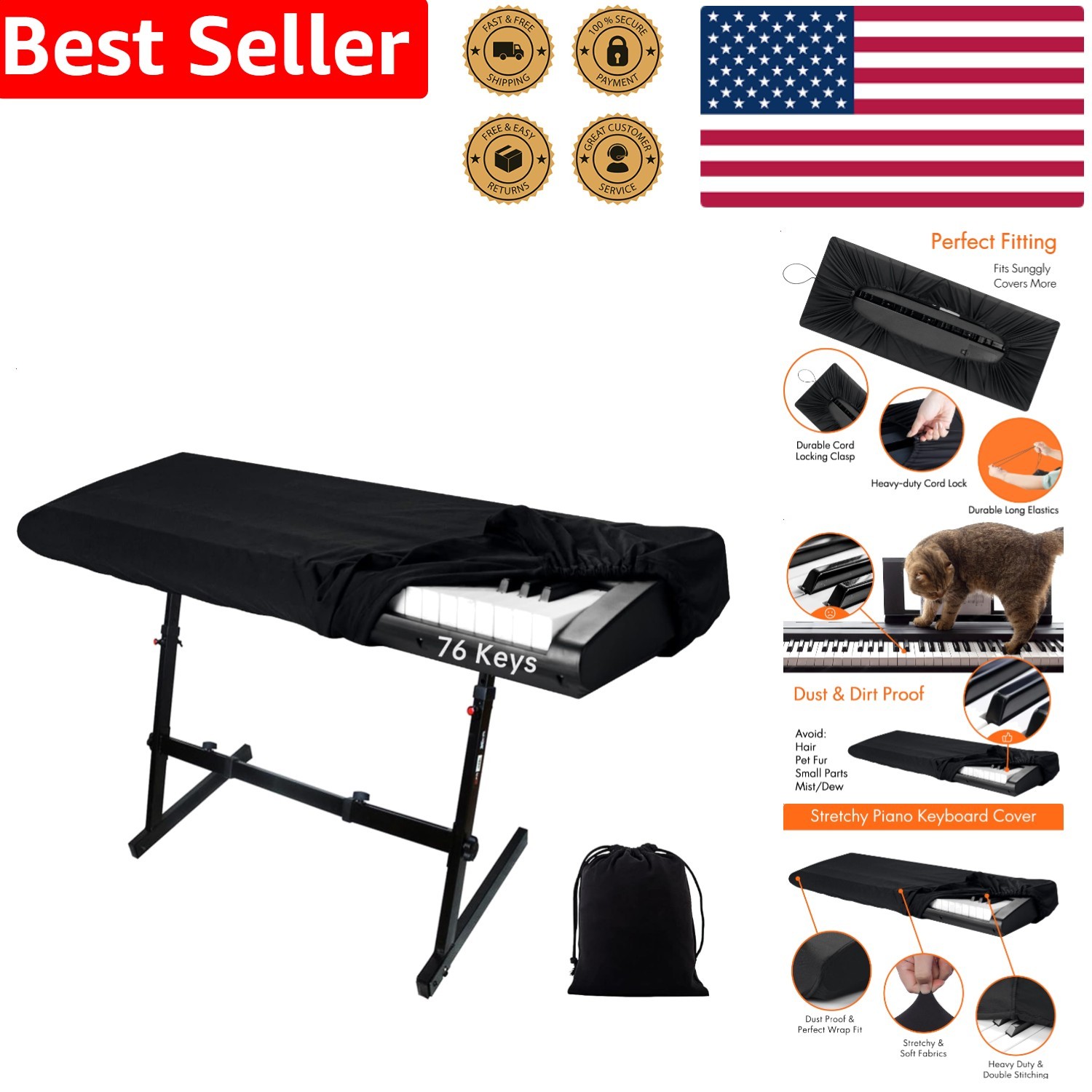 76 Keys Electronic Keyboard Cover Black Lightweight Elastic Music Cover