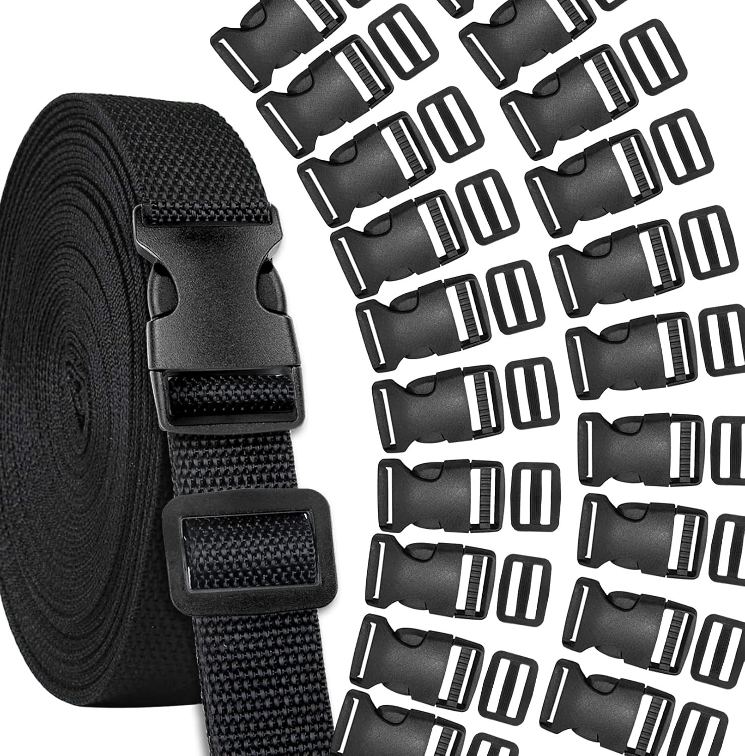 Buckles Strap Set,  10 Yards 1 Inch Nylon Webbing Strap with 20 Set Side Release