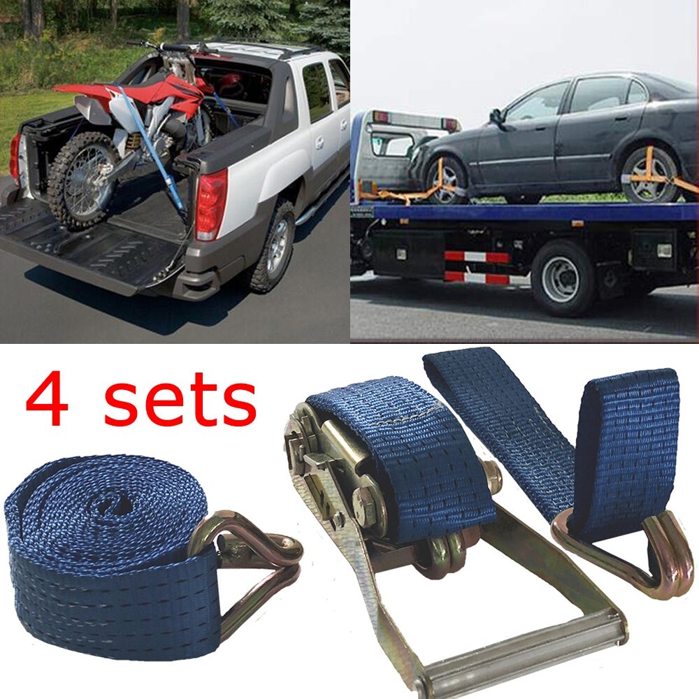 4 sets 2" x 15' Ratchet Strap with J-Hooks 6600lb/3T for Fixing Tires and Cargo