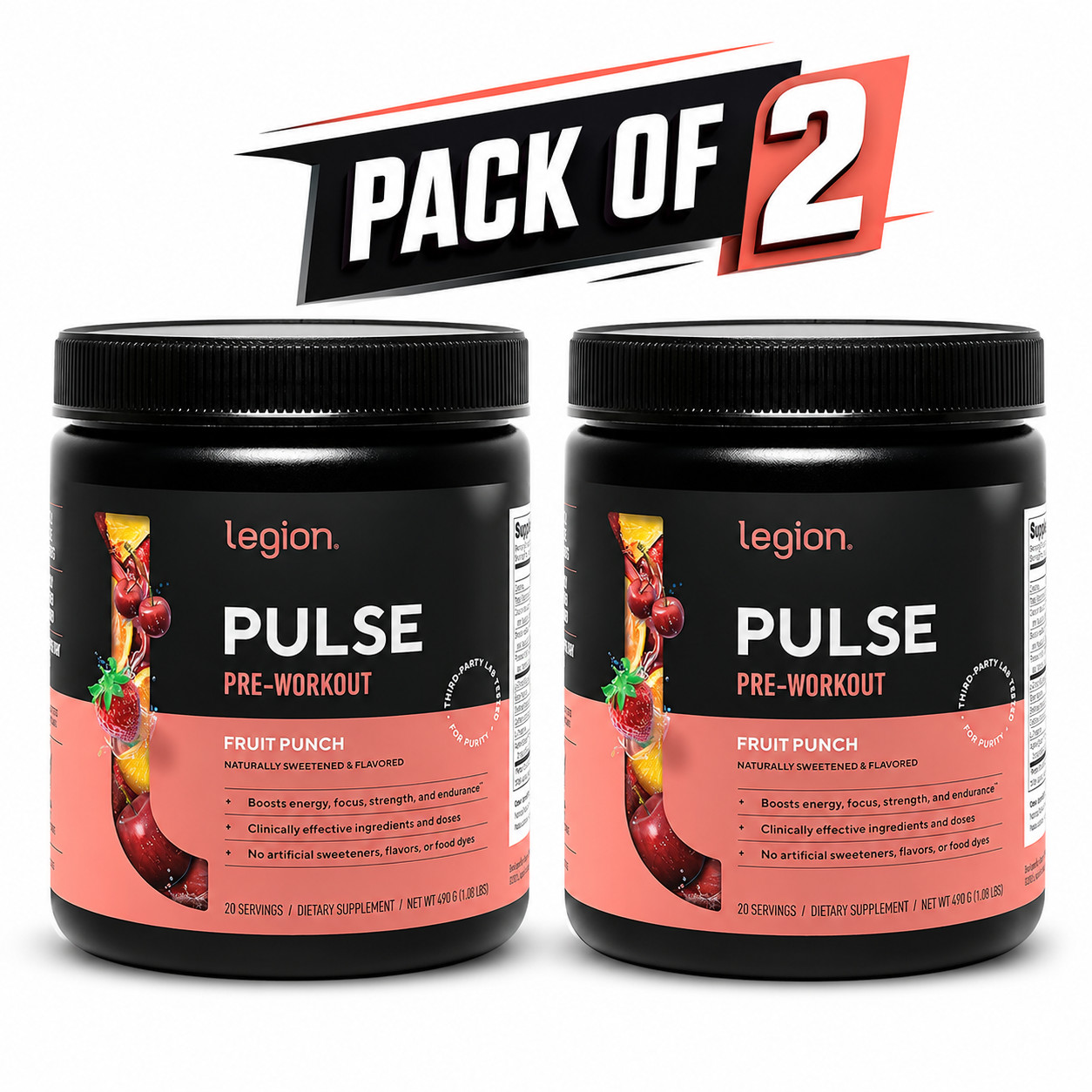 Legion Pre-Workout Drink - Fruit Punch 490 g/1.08 lbs Each (Pack of 2)