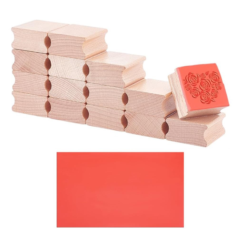 15Pcs Blank Wood Rubber Stamp Mounts with Red Rubber Stamp Sheet for Laser En...