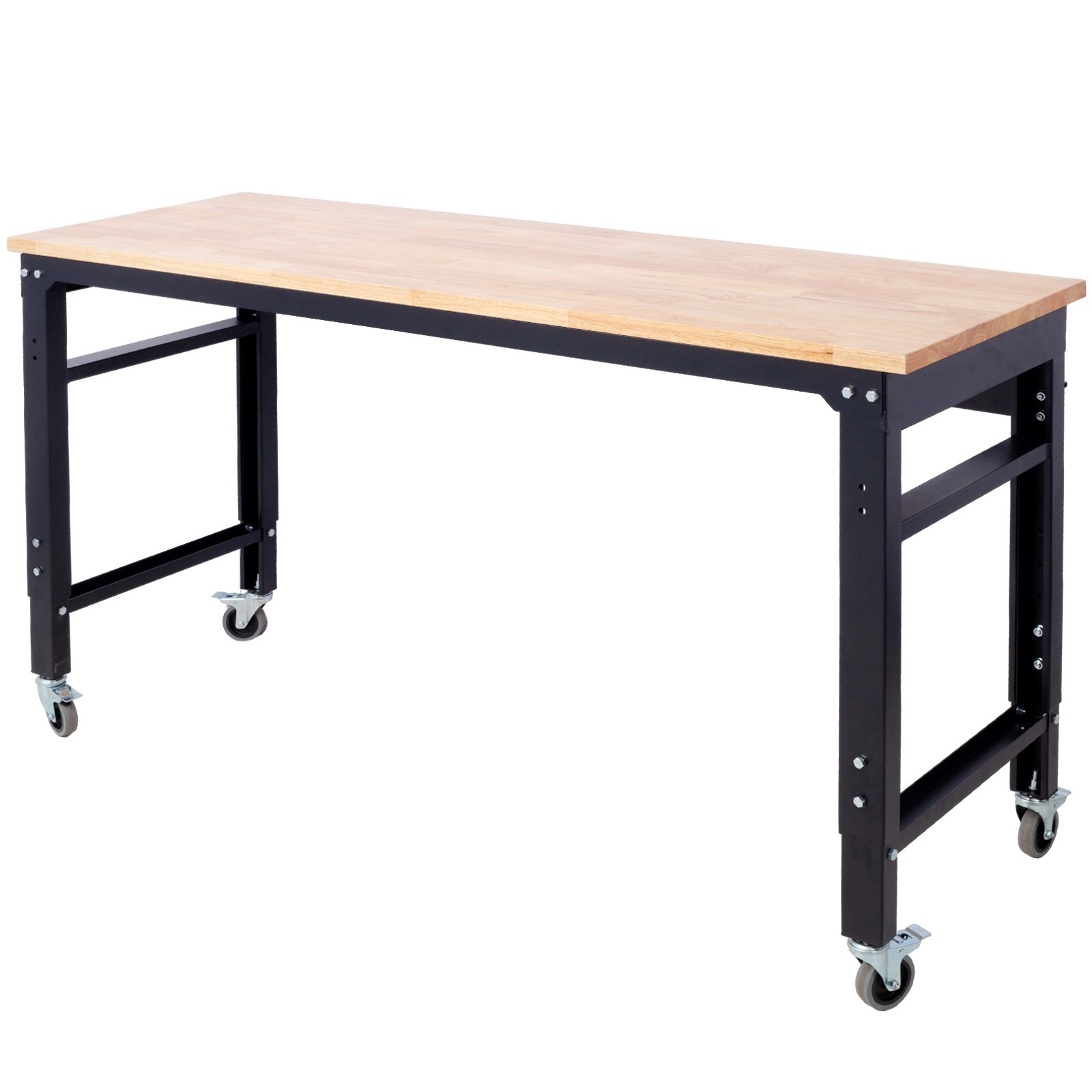 Adjustable Height 60" Rolling Workbench Metal Rubberwood Top