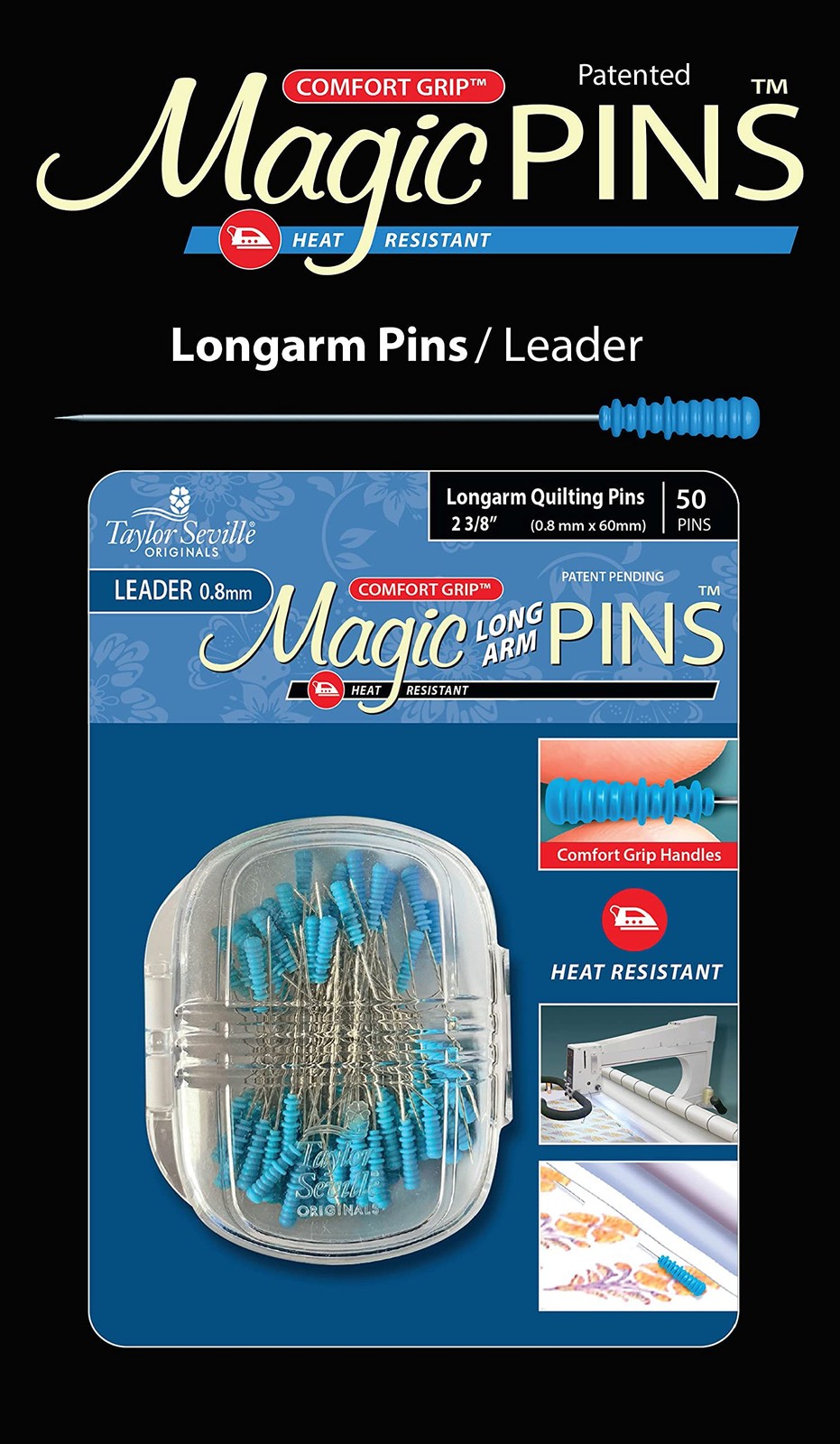 Taylor Seville Originals Magic Long Arm Leader Pins, Blue 50/Pkg