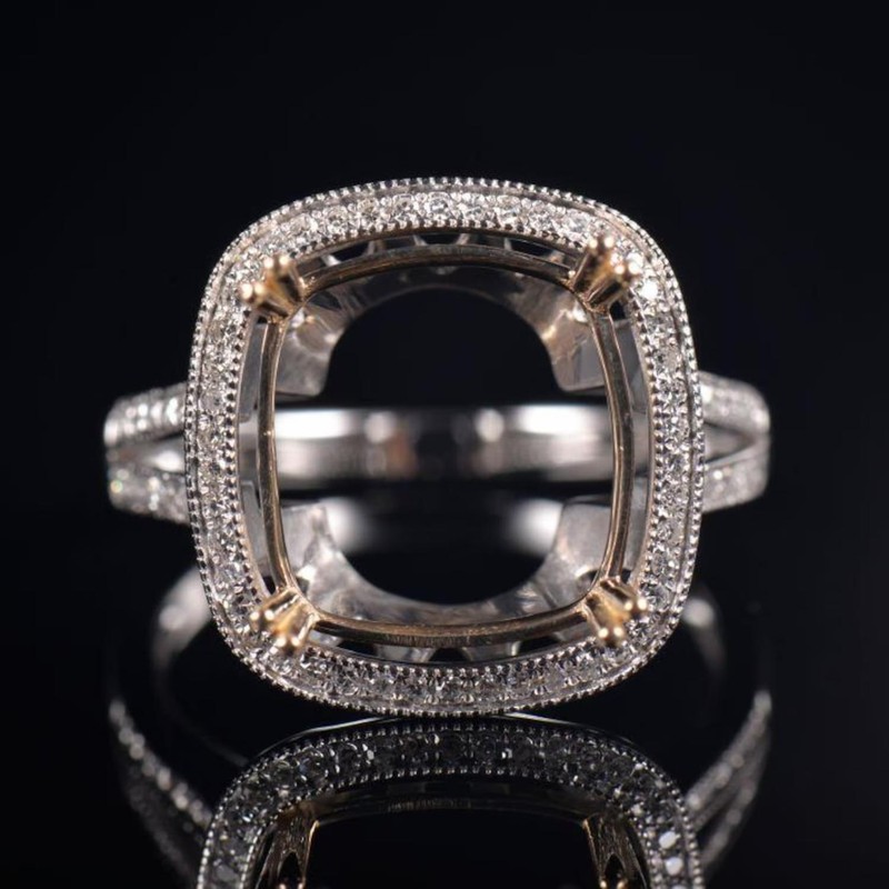 925 Sterling Silver Semi Mount Ring 12mm Cushion Halo Split Shank Blank Ring