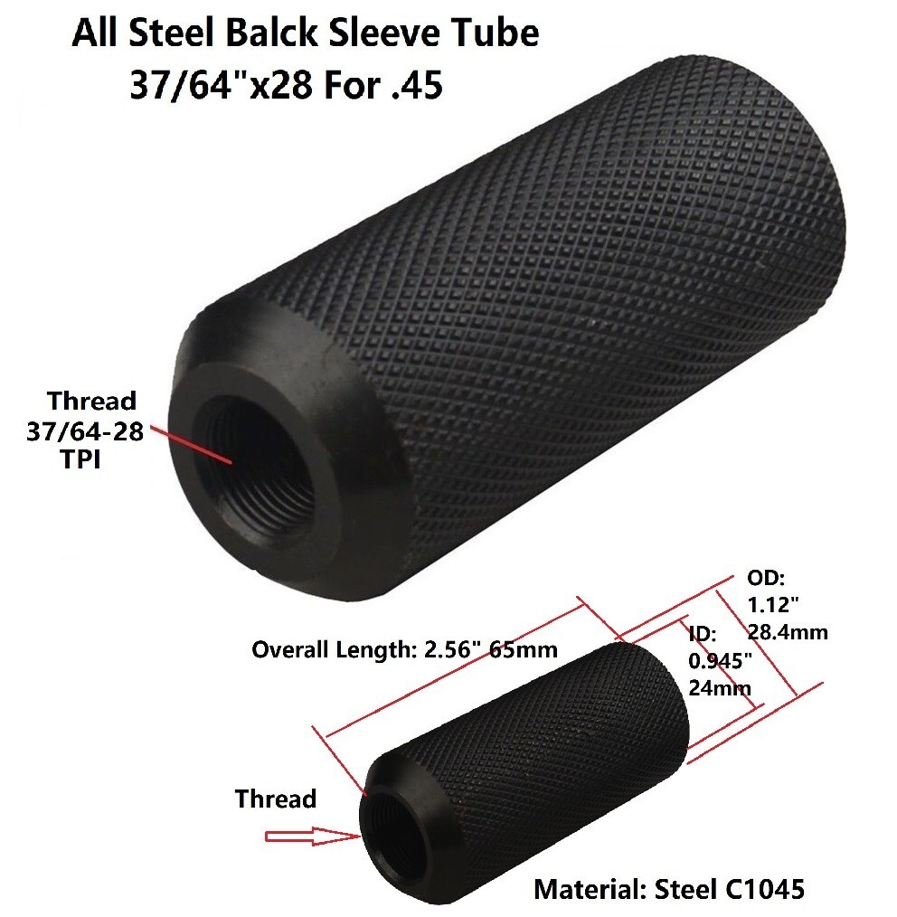 Steel Muzzle Brake Tube 37/64x28 .578"-28 TPI Threaded Fits 45 Black Anoded