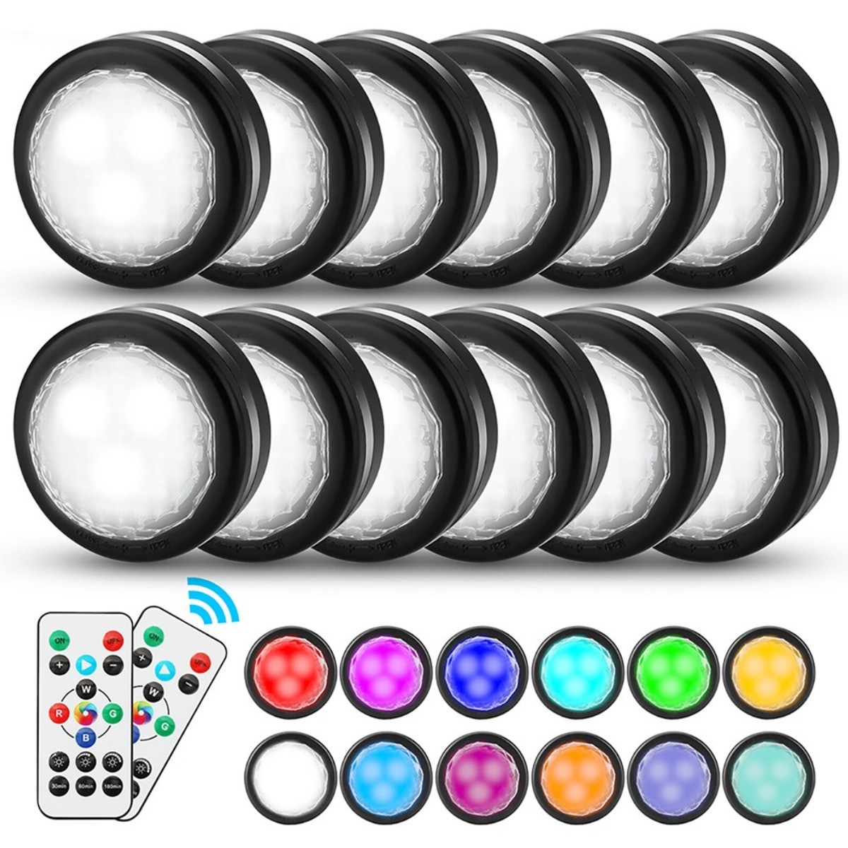 12PCS Wireless Closet Under Cabinet Lighting RGB LED Puck Light + Remote Control