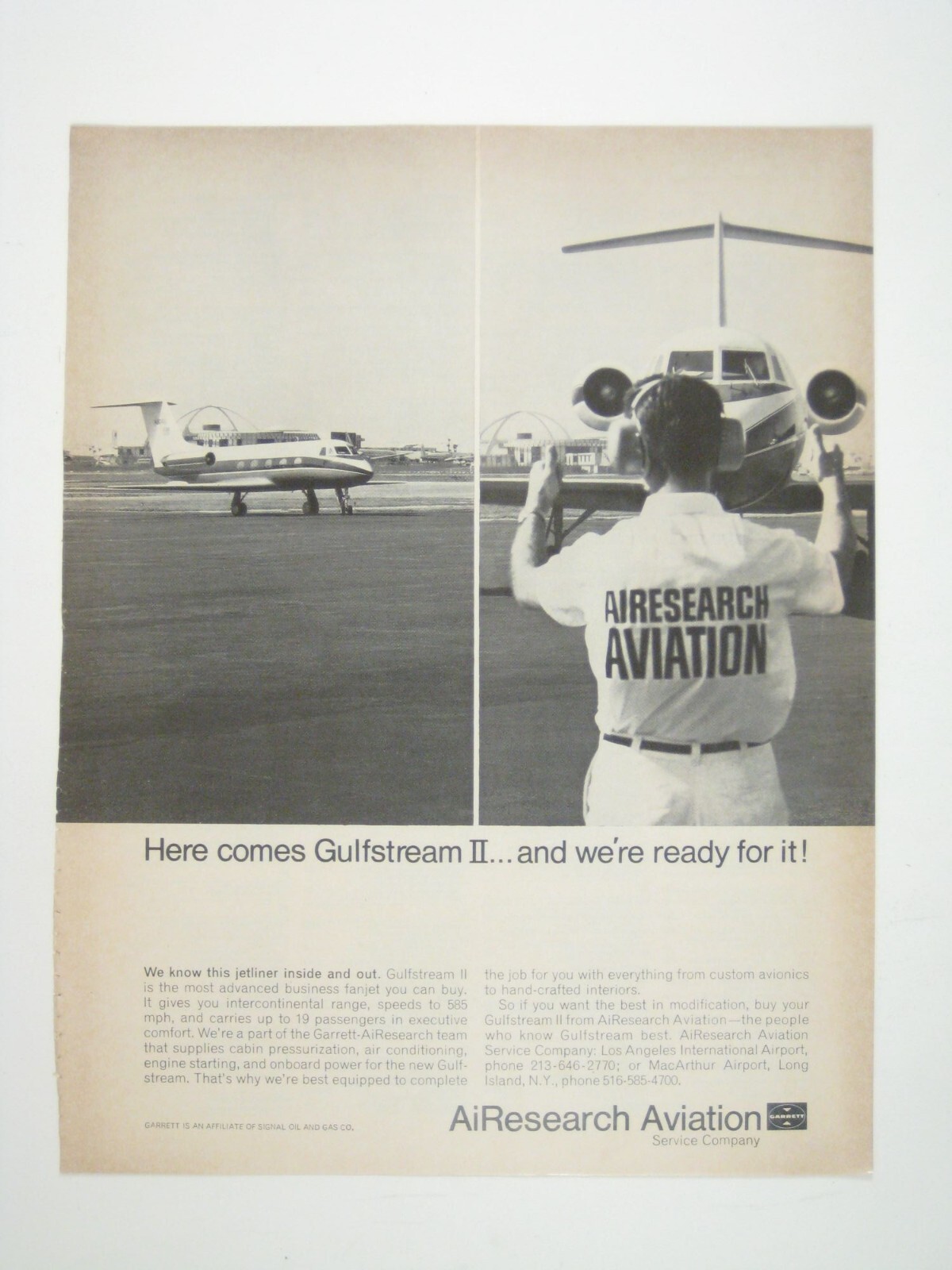 Vintage AiResearch Aviation Gulfstream II Print Ad 1960s Aircraft Runway