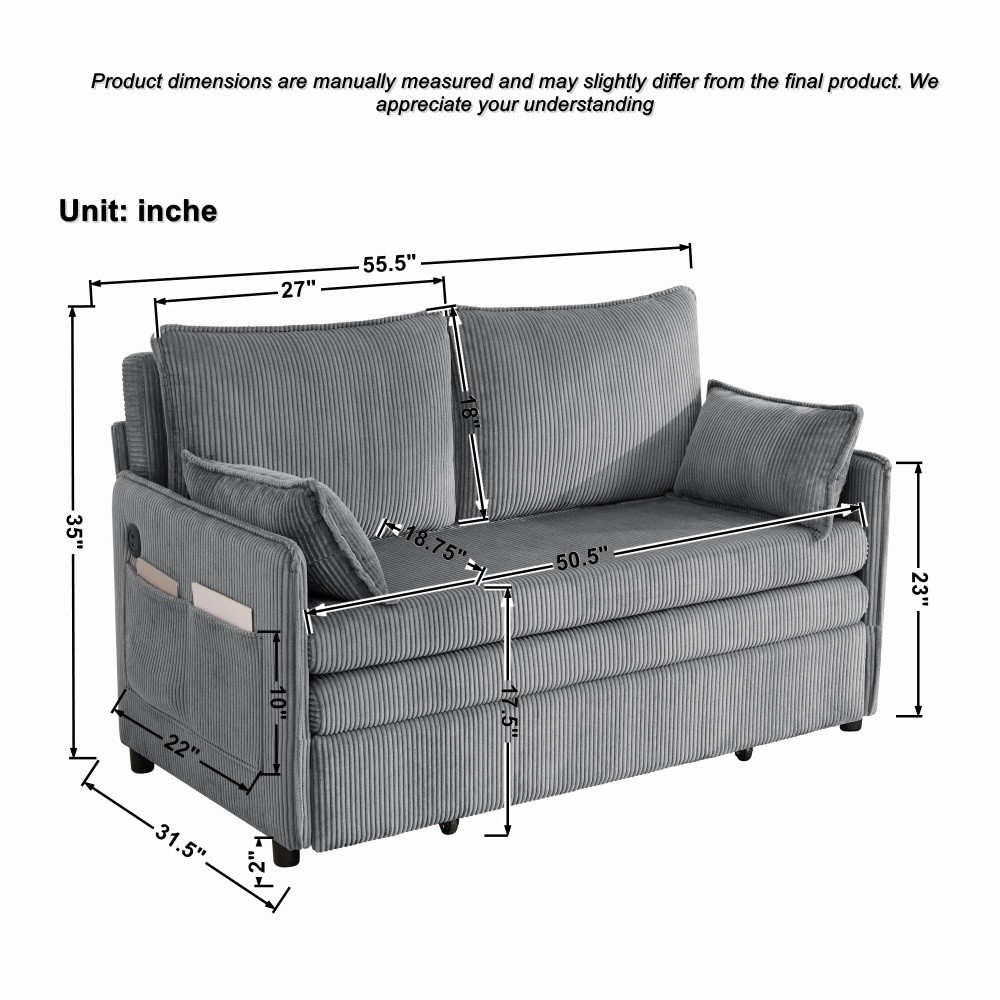 55" Convertible Sofa Bed w/ USB Ports & Storage, Grey Corduroy, Twin Size