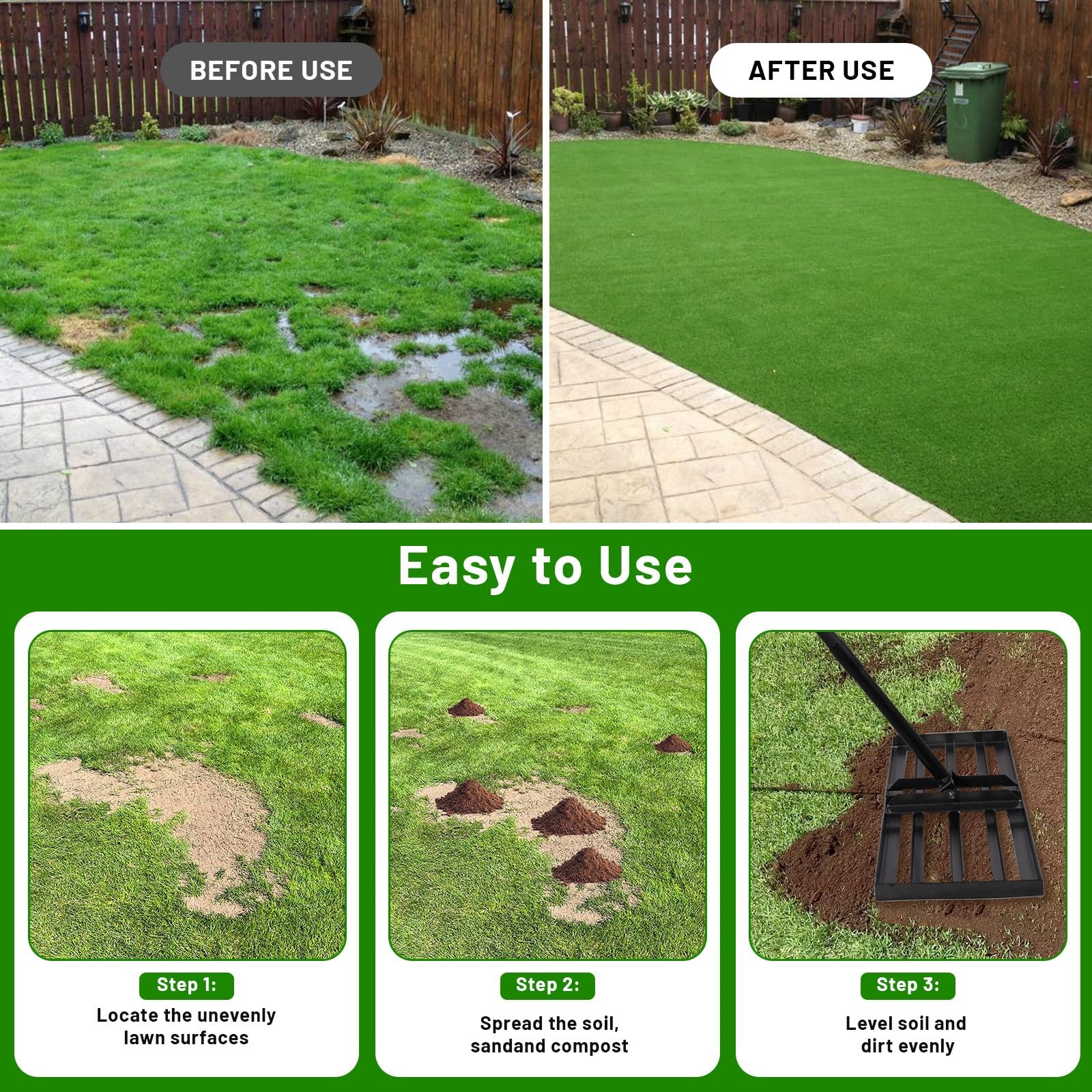Adjustable Lawn Leveling Rake 34"x10" - Heavy Duty Tool for Soil & Grass