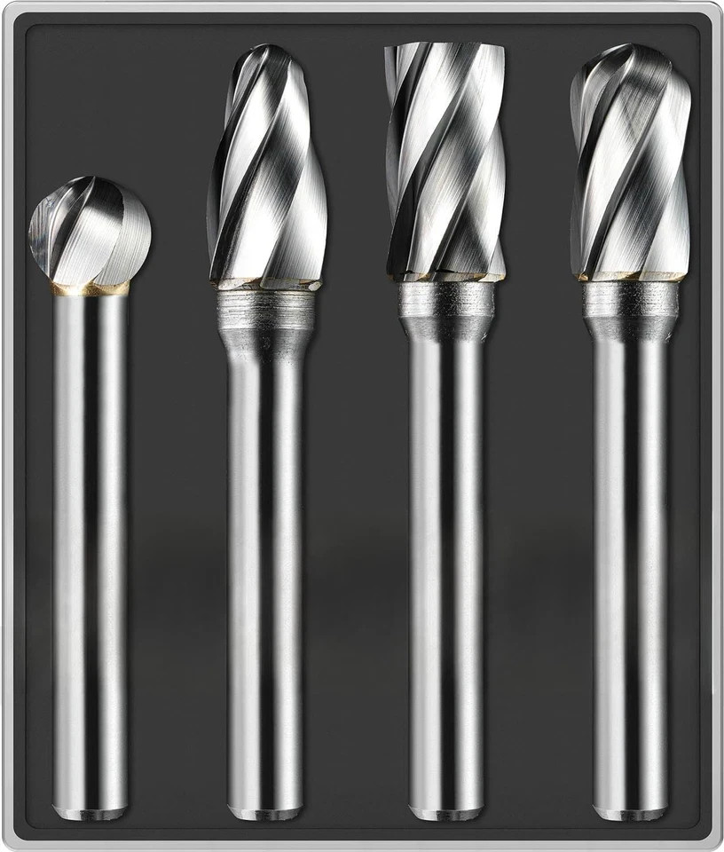 4Pcs Carbide Burr Set 1/4 Shank Aluminum Cut (Wide-Flute Cut) Die Grinder Bits R
