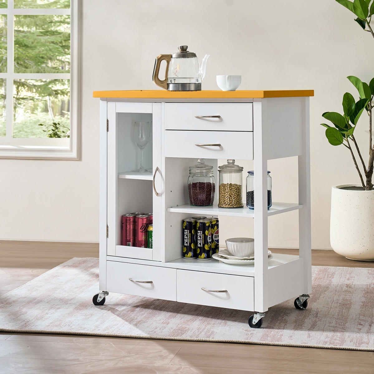 Kitchen Island Cart with walnut wood Top, Storage Cabinet with Drawers