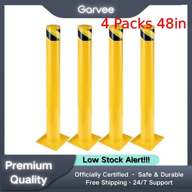 Safety Bollard Post 48in Yellow Steel 4.5in Diameter 24 Anchor Bolts 4 Packs