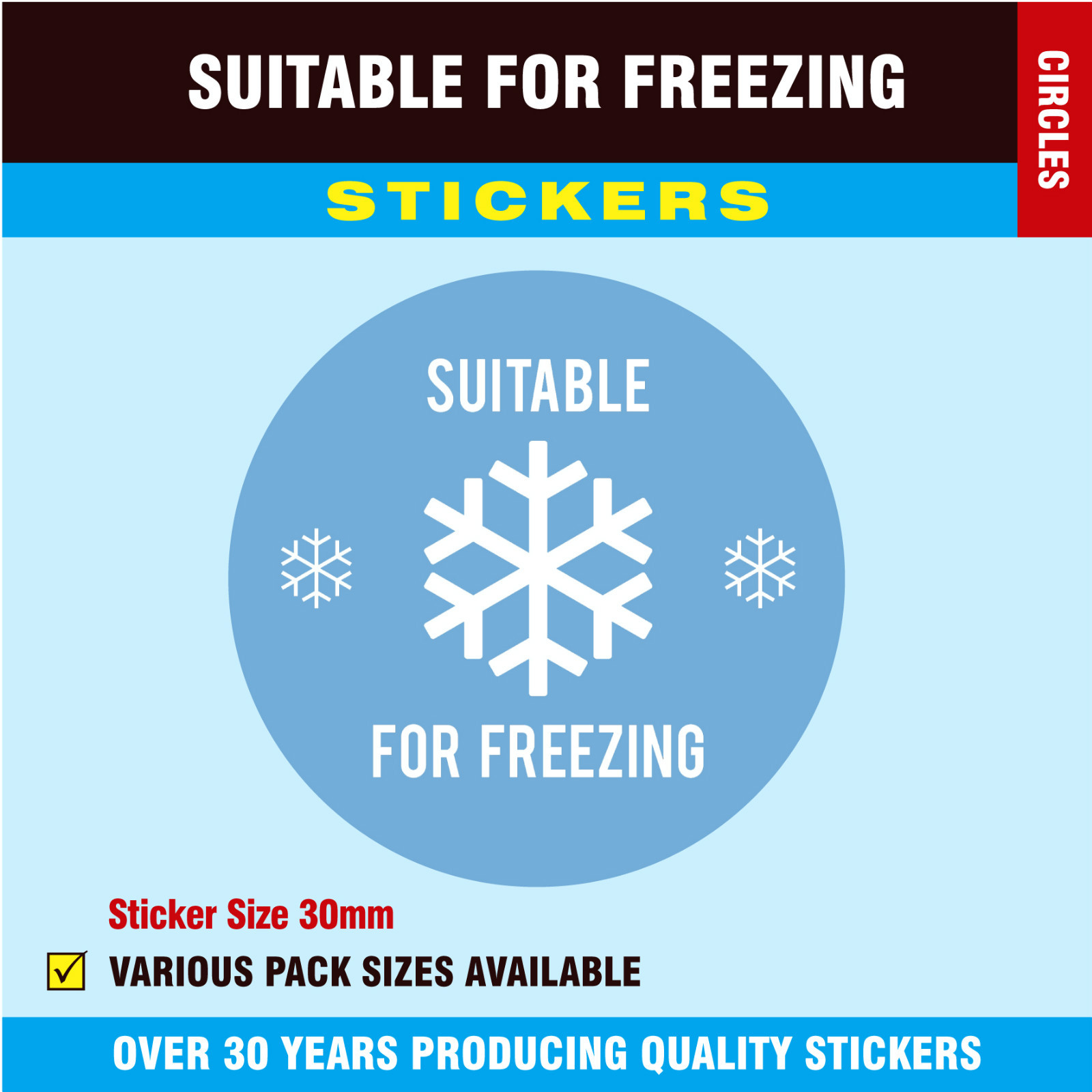 Blue - 'Suitable For Freezing' Stickers / Labels - 30mm Circles