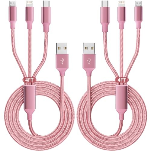 Multi Charging Cable, 3 in 1 Charging Cord for Multiple 3IN1-4FT2Pack 2 Pink