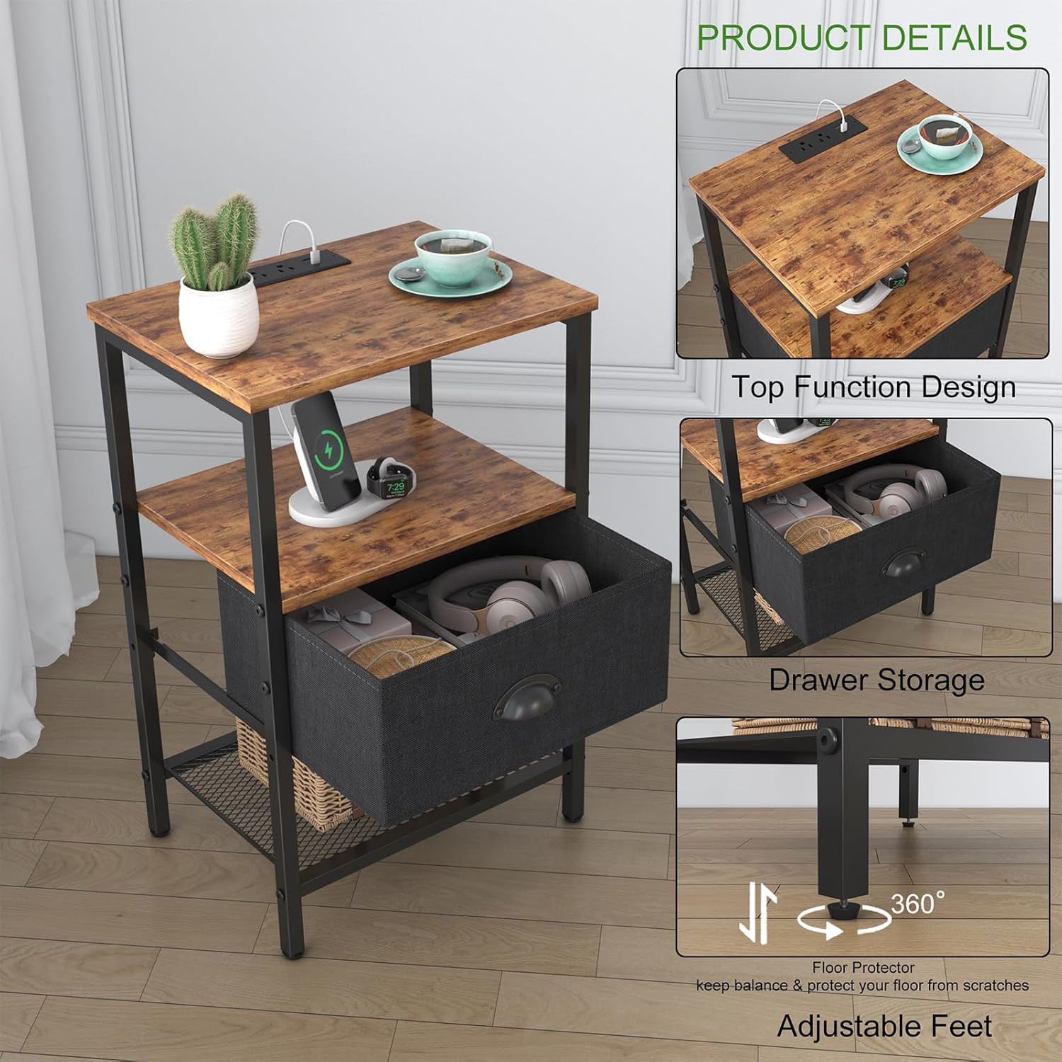 Sthmec Nightstands with Charging Station, LED Bedside Tables Rustic Brown