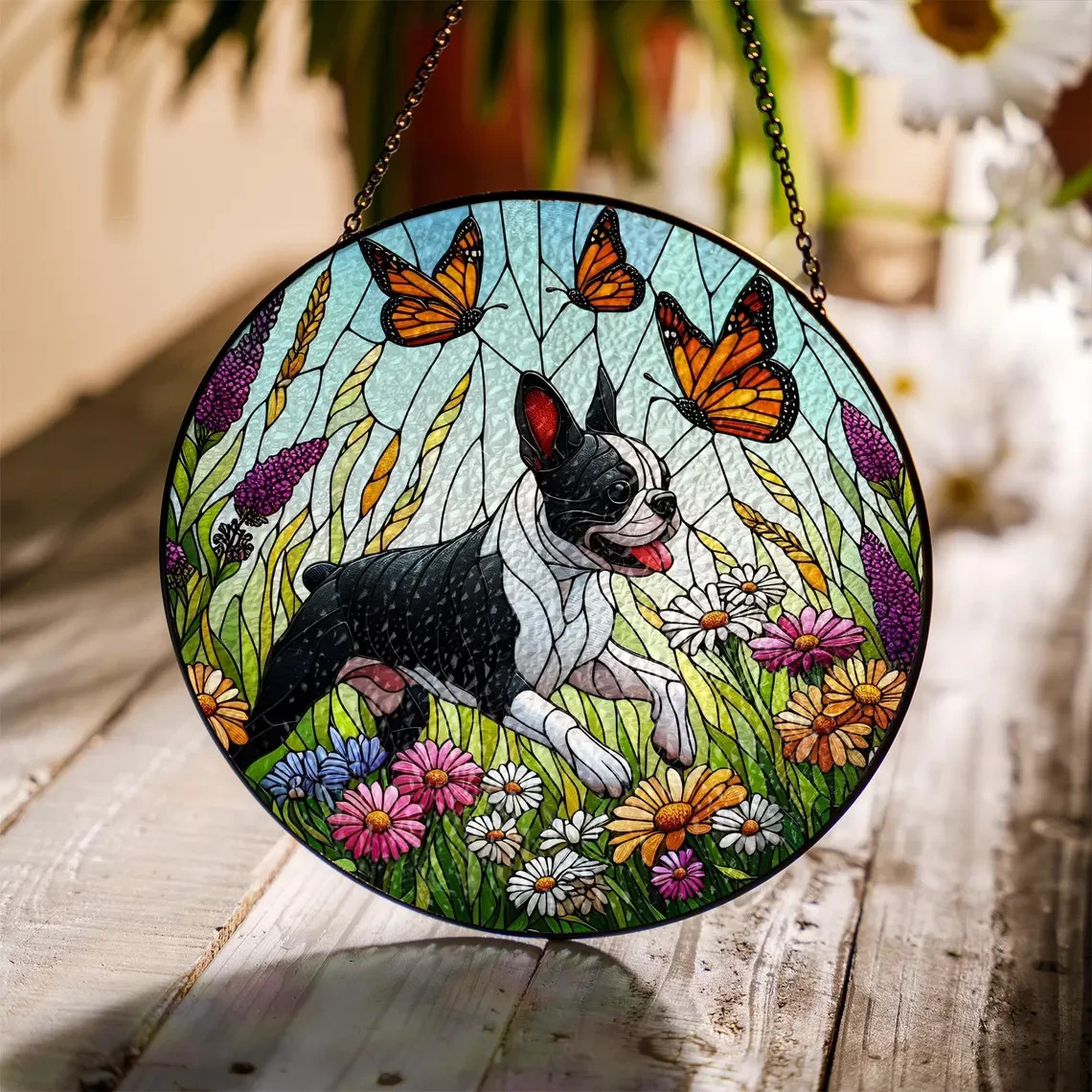 Personalized Boston Terrier Wildflower Stained Glass Suncatcher, Decor Gift