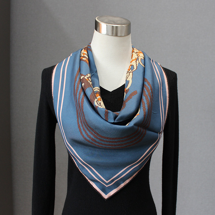 Pure 18 Momme Twill Silk Bandanna Scarf Blue saddle Print Square Shawl 53'' Wrap