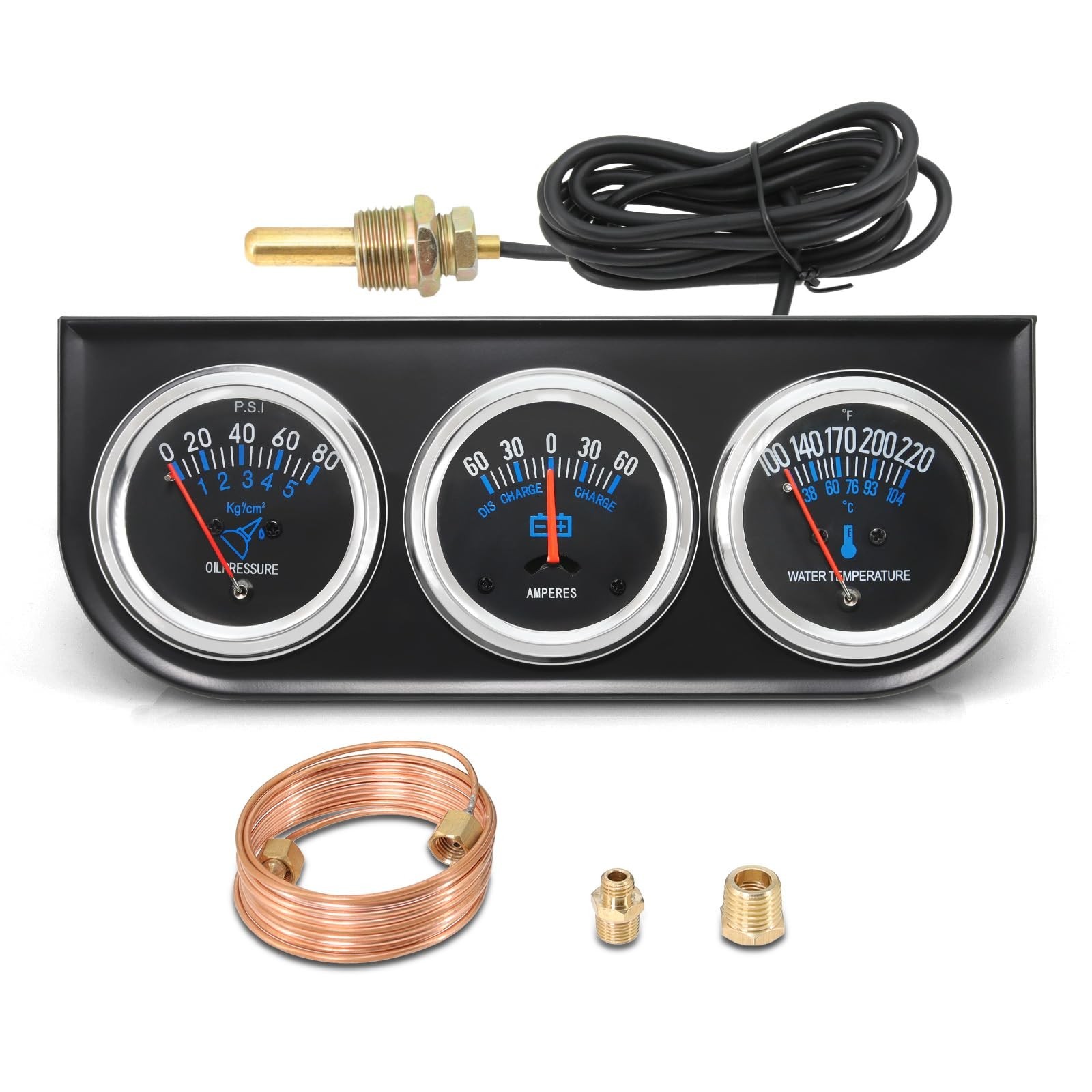 MH 2inch 52mm Triple Gauge Set, Oil Pressure Gauge Water Temp Temperature Amm...