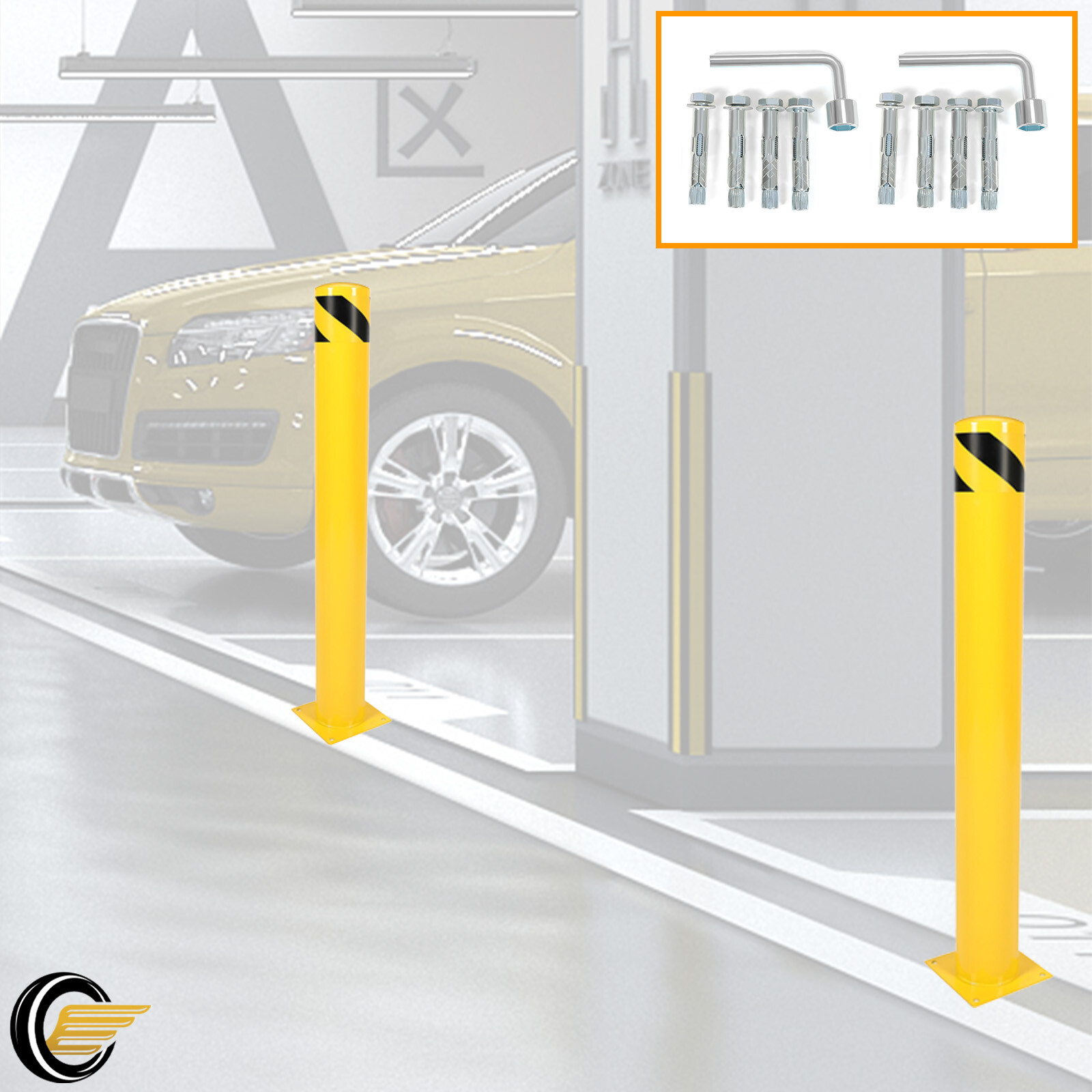 2PCS 42" H 5" D Safety Bollard Steel Bollard Post Yellow Pipe Barrier w/Bolt
