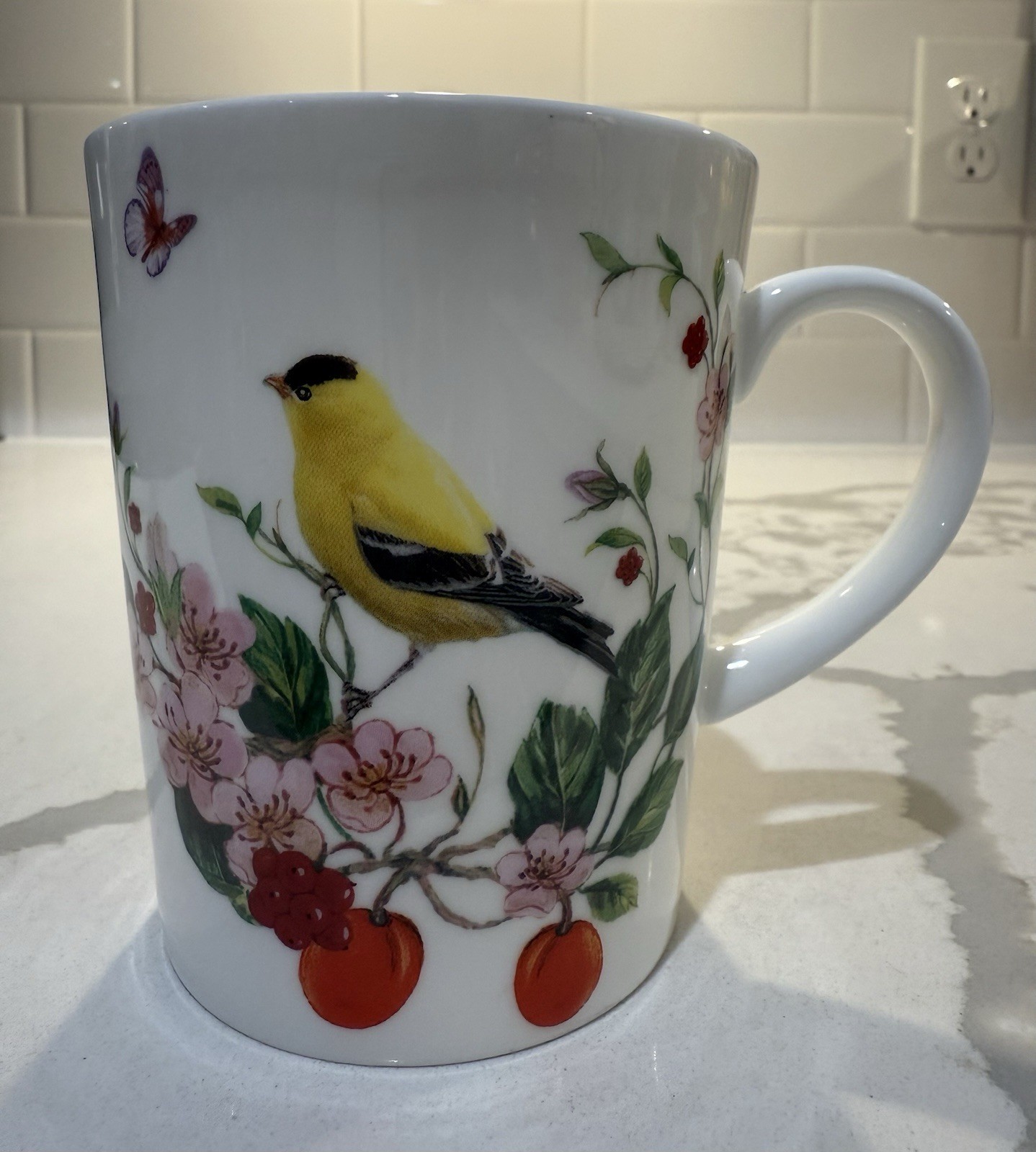 STECHCOL Gracie China Painted Goldfinch  & RED BERRIES Bone China Cup Mug