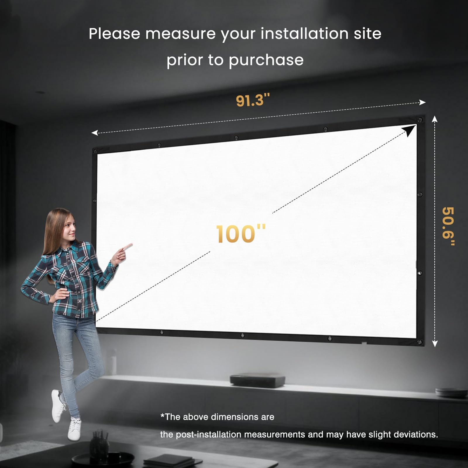 100 inch Projector Screen Upgraded- Black Backing, Straight Edges, Foldable, ...
