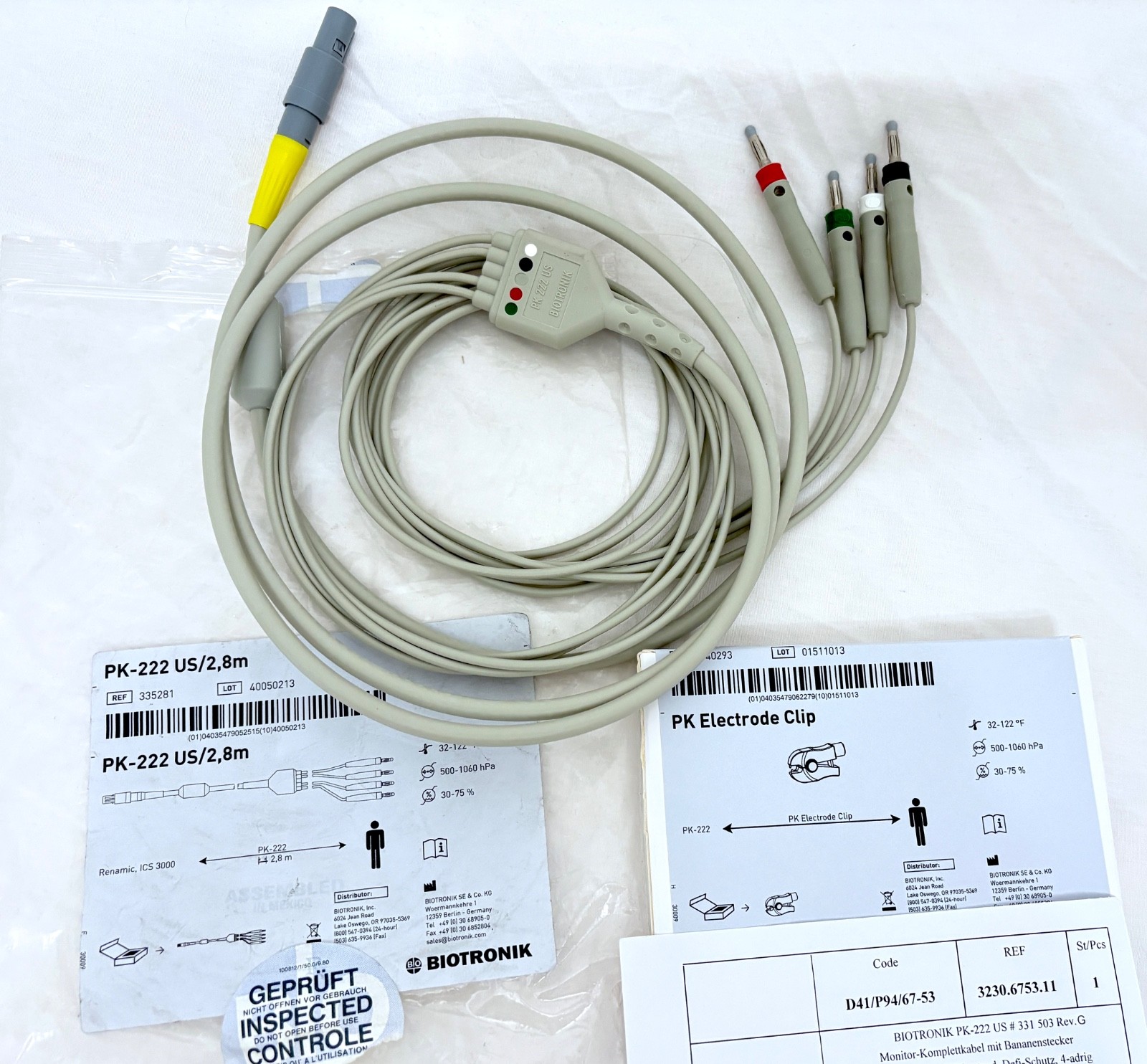 Biotronik 335281 PK-222 US/2,8m ECG Patient Cable & 340293 PK Clip