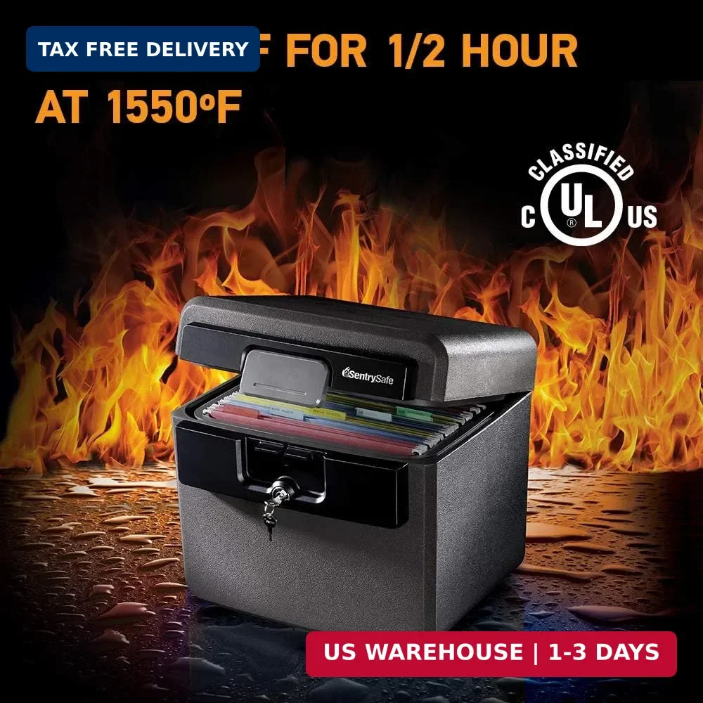 Black Fireproof and Waterproof Safe, File Folder and Document Box with Key Lock,