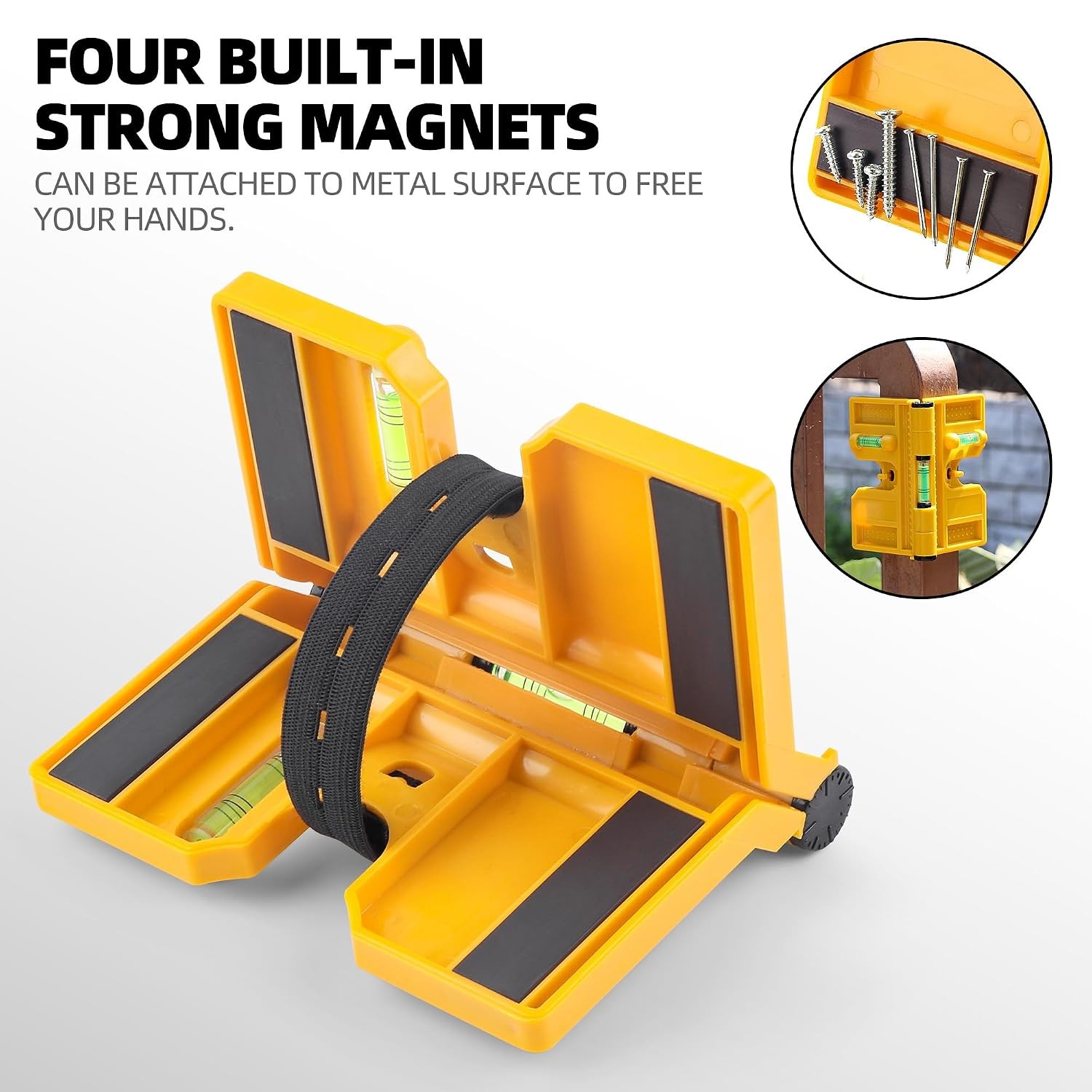 Magnetic Post Level 270° Adjustable Folding Post Level Tool with 3 Vials Elastic