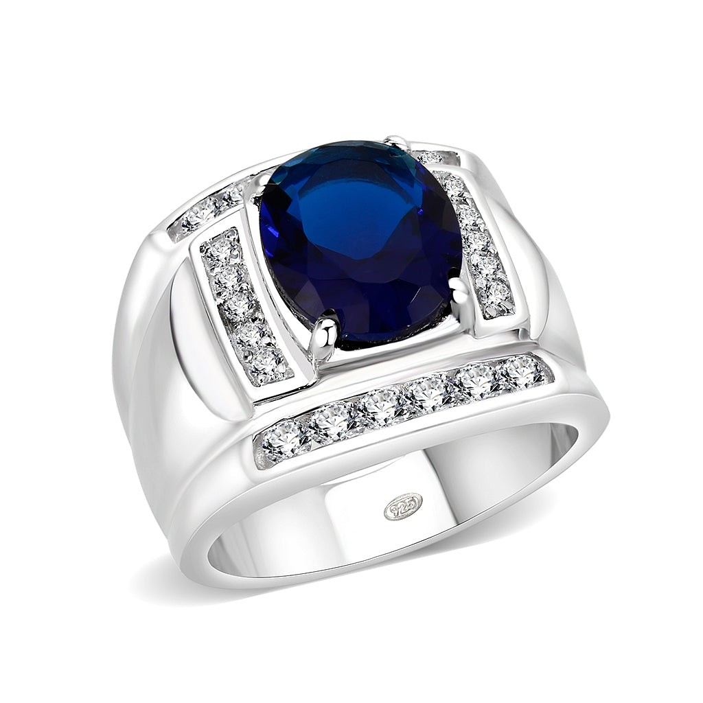 Men's Ring, Glass, Rhodium Plated, Brass, Statement, Blue Stone, Bold Design