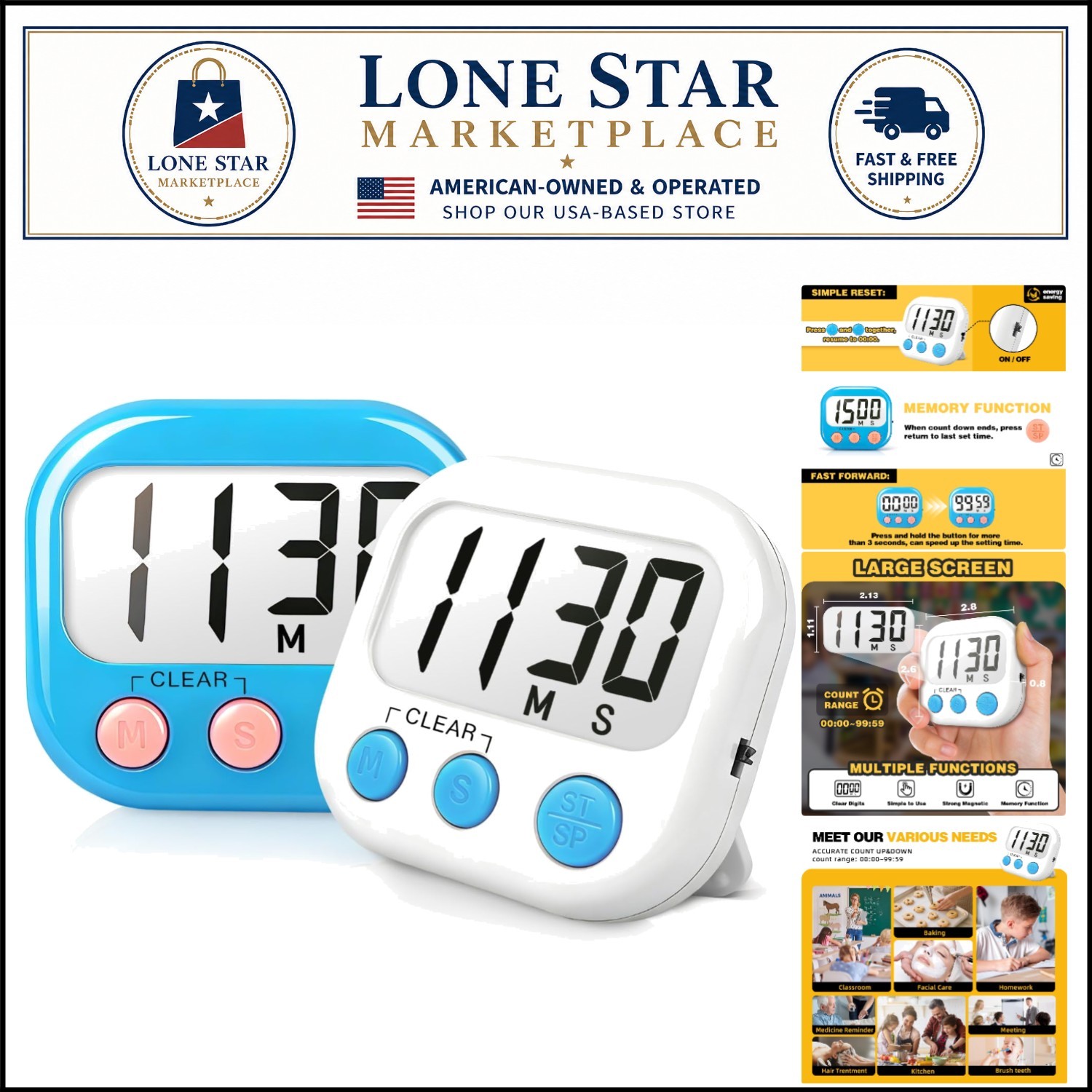 Blue & White Classroom Timers 2 Pack - Magnetic Digital Countdown & Countup