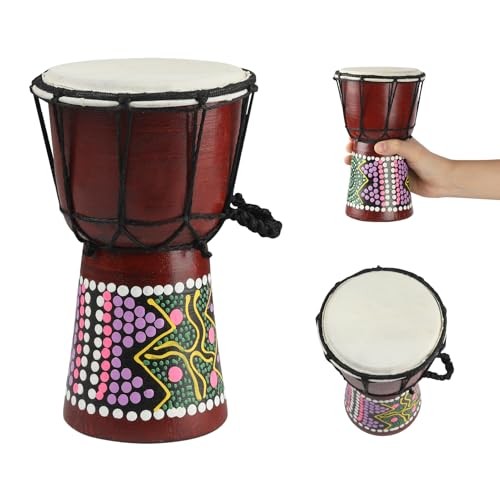 Mini Wood Djembe Drum, 4.5'' x 8''Carved Mahogany 4"-Colorful Pattern-Mini