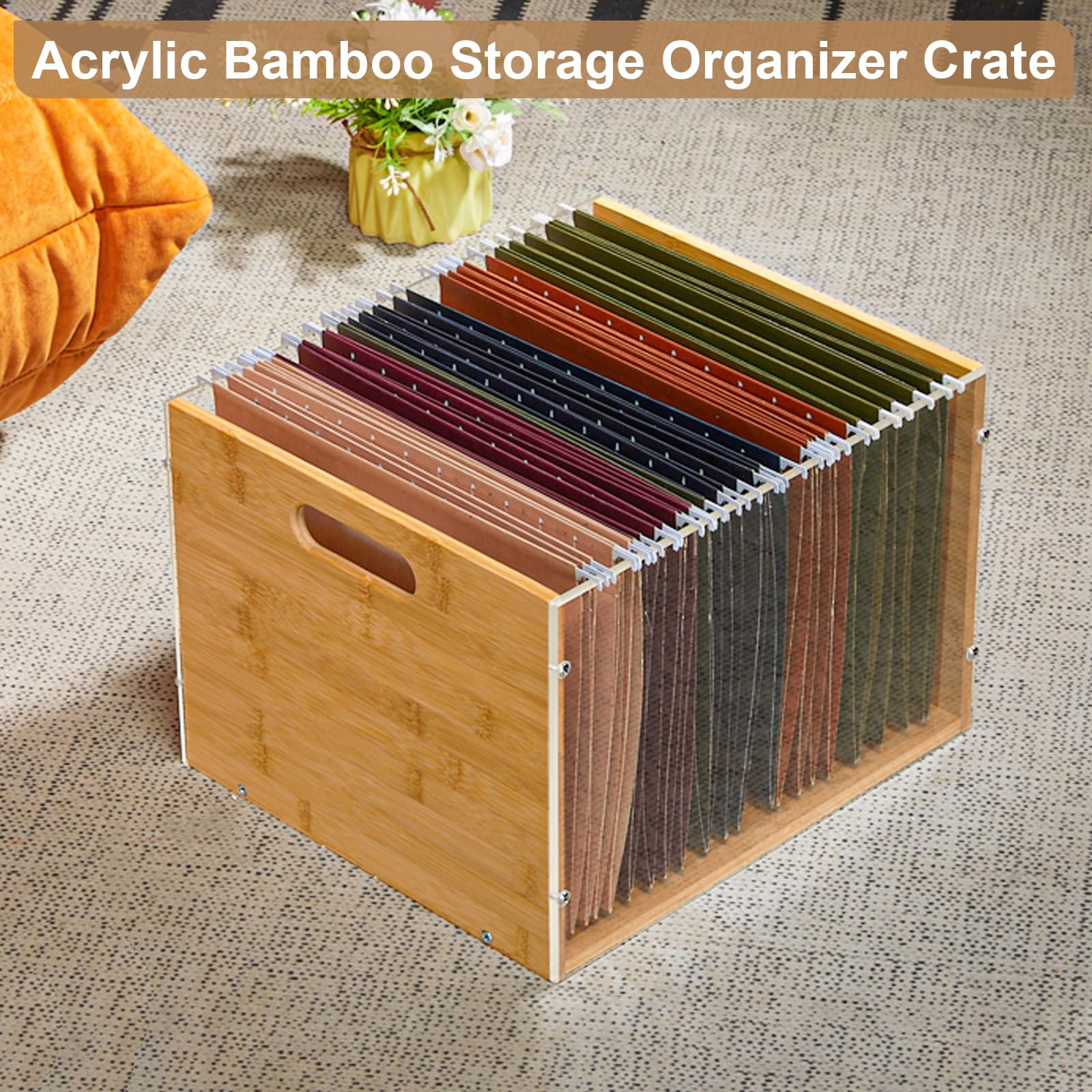 Clear Acrylic File Box Organizer, Bamboo Hanging Folder Storage Boxes, Filing...