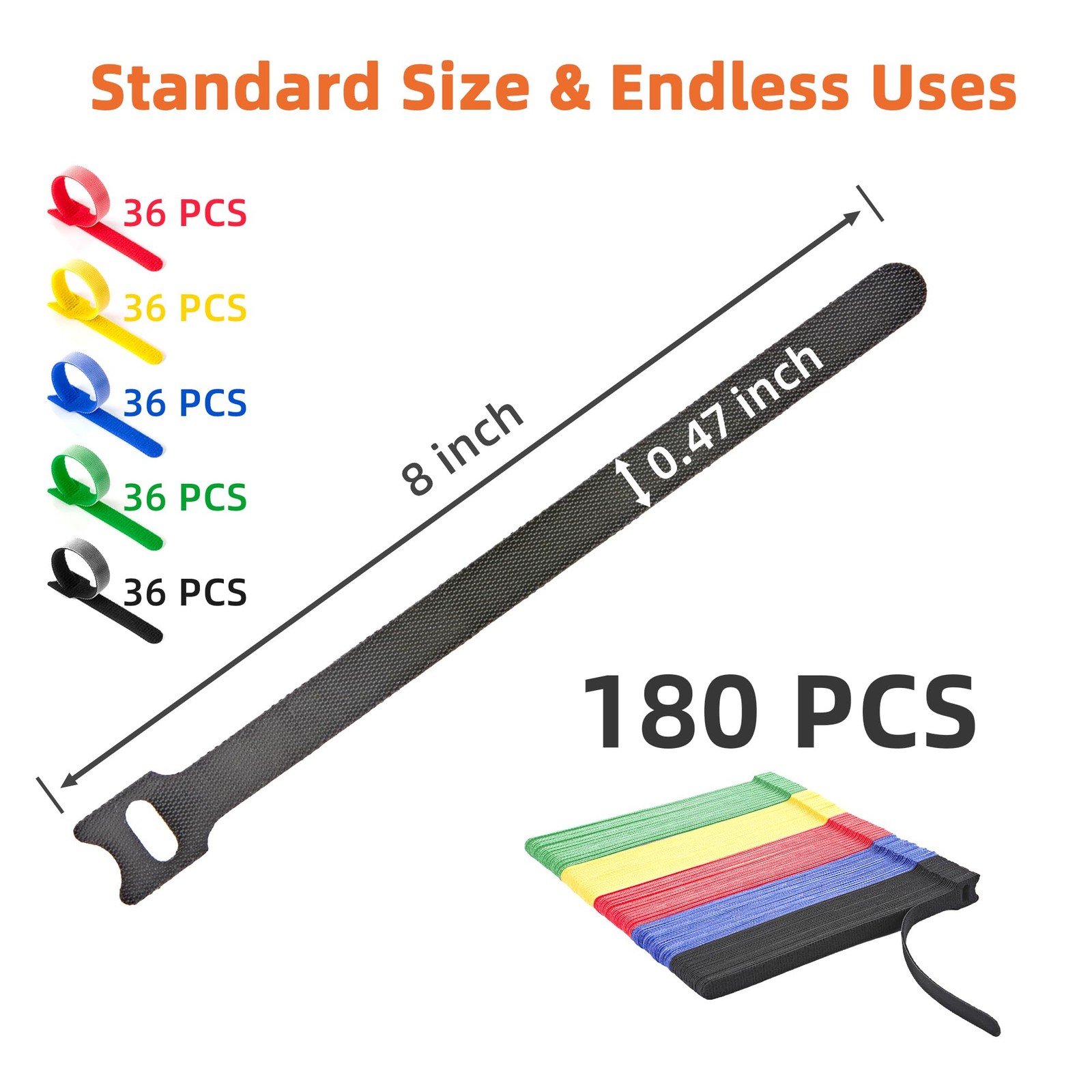 180 PCS Reusable Cable Ties with Hook and Loop, Multi-purpose Adjustable 8 In...