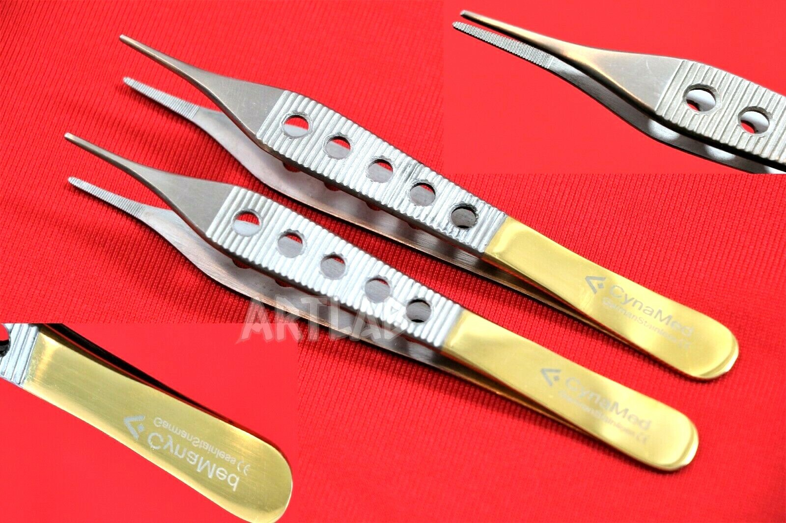 2 PC ADSON DRESSING FORCEP SERRATED FINE POINT 4.75" W/ FENESTRATED GOLD HANDLE