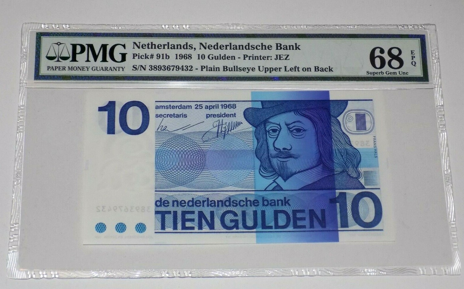 PMG NETHERLANDS 10 GULDEN 1968 Pick# 91B Holland 68EPQ 68 EPQ Superb Gem UNC