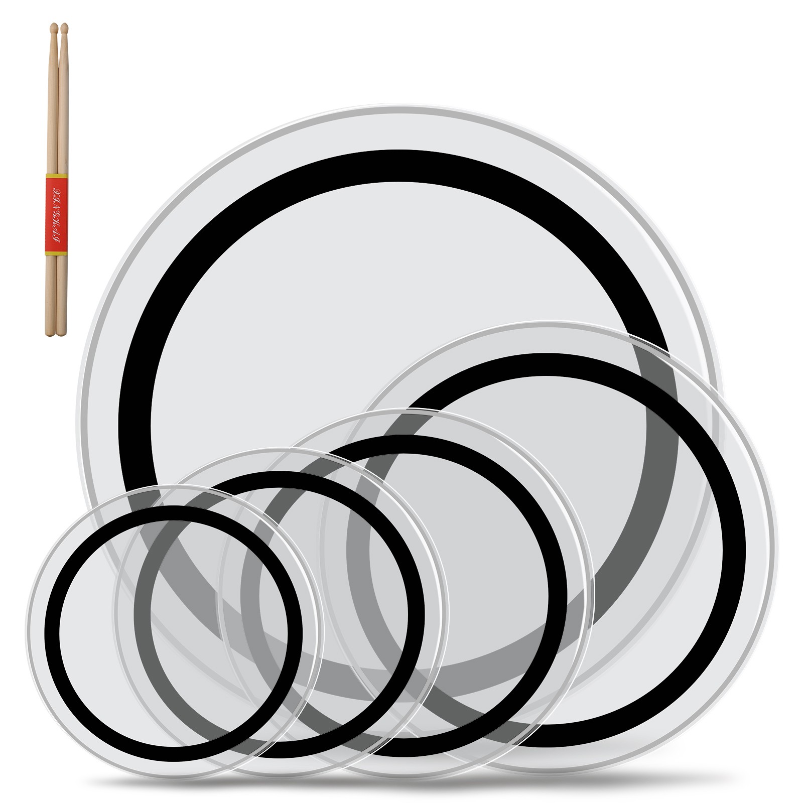 12" 13" 14" 16" 22" PET 5 PCS Drum Heads Drum Skins,Drumsticks