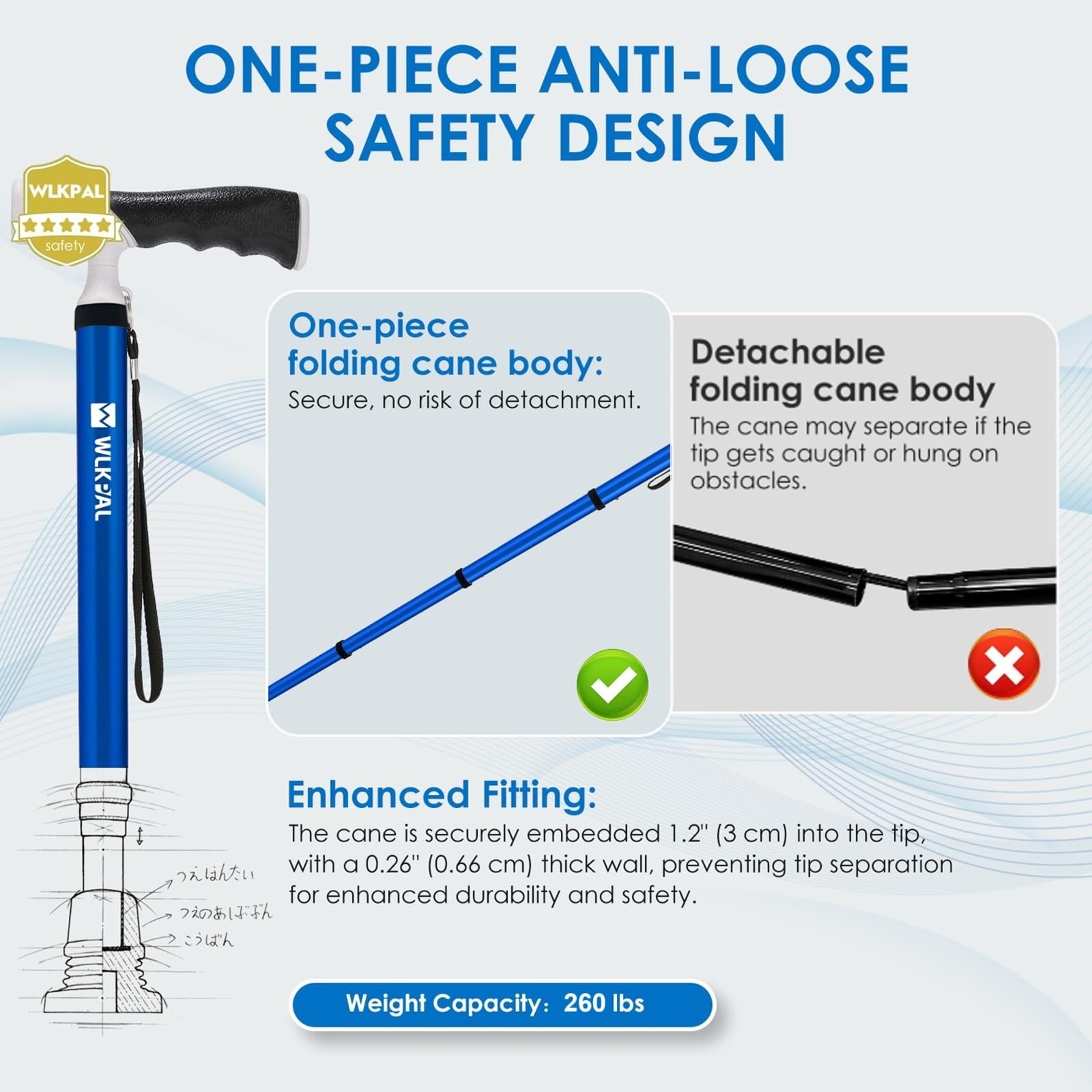WLKPAL Adjustable & One-Button Folding Walking Cane for Large, Nautical Blue