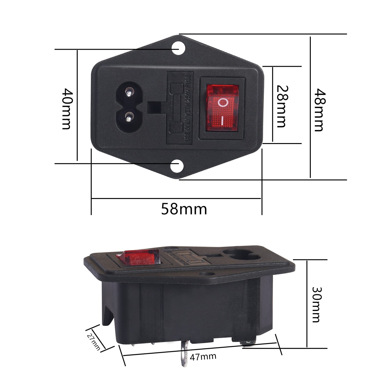 10A 250V Rocker Switch Power Socket Inlet Module Plug 10A Fuse with Indicator...