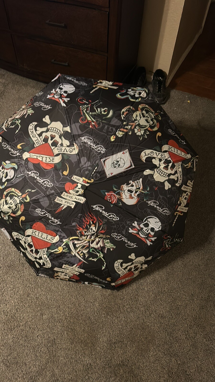 Ed Hardy Auto Open Compact Umbrella Love Kills Slowly Black Skull Snake Rose NWT