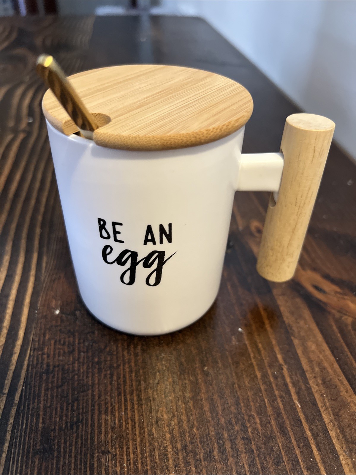 “BE AN egg” White Ceramic Mug With Spoon.