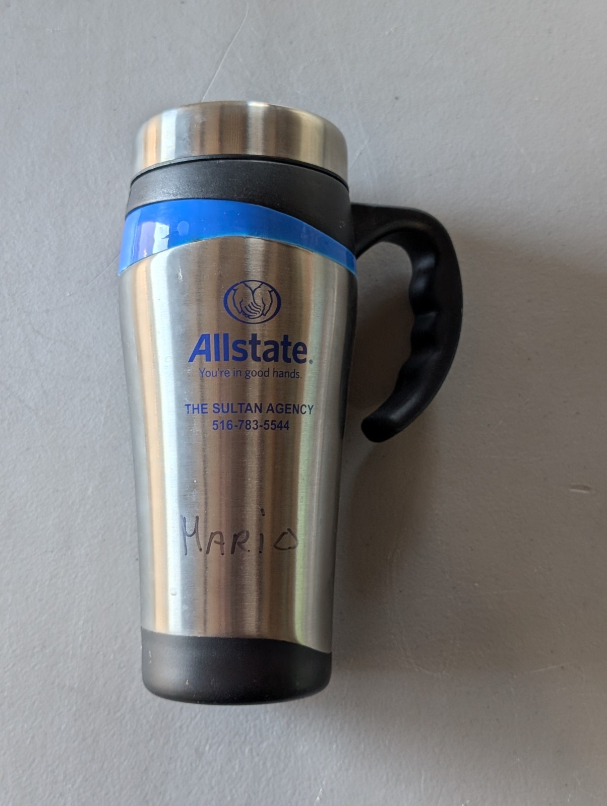 Stainless Steel Travel Mug Allstate Insurance Blue Trim 6"